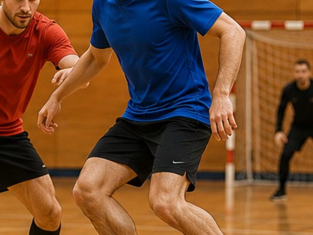 Erwachsene spielen Hallenfußball in einer Sporthalle.