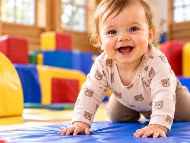 Ein Baby krabbelt lachend über eine Matte in der Turnhalle.