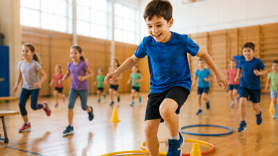 Kinder laufen durch eine Bewegungslandschaft in der Turnhalle.