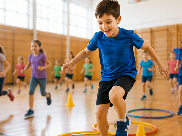 Kinder laufen beim Kindersport durch einen Hütchen-Parcours in einer Turnhalle.
