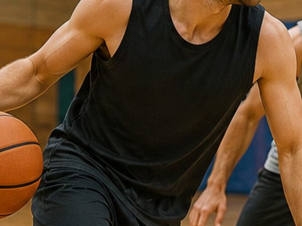 Zwei Männer spielen Basketball in einer Sporthalle.