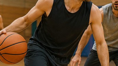 Zwei Männer spielen Basketball in einer Sporthalle.